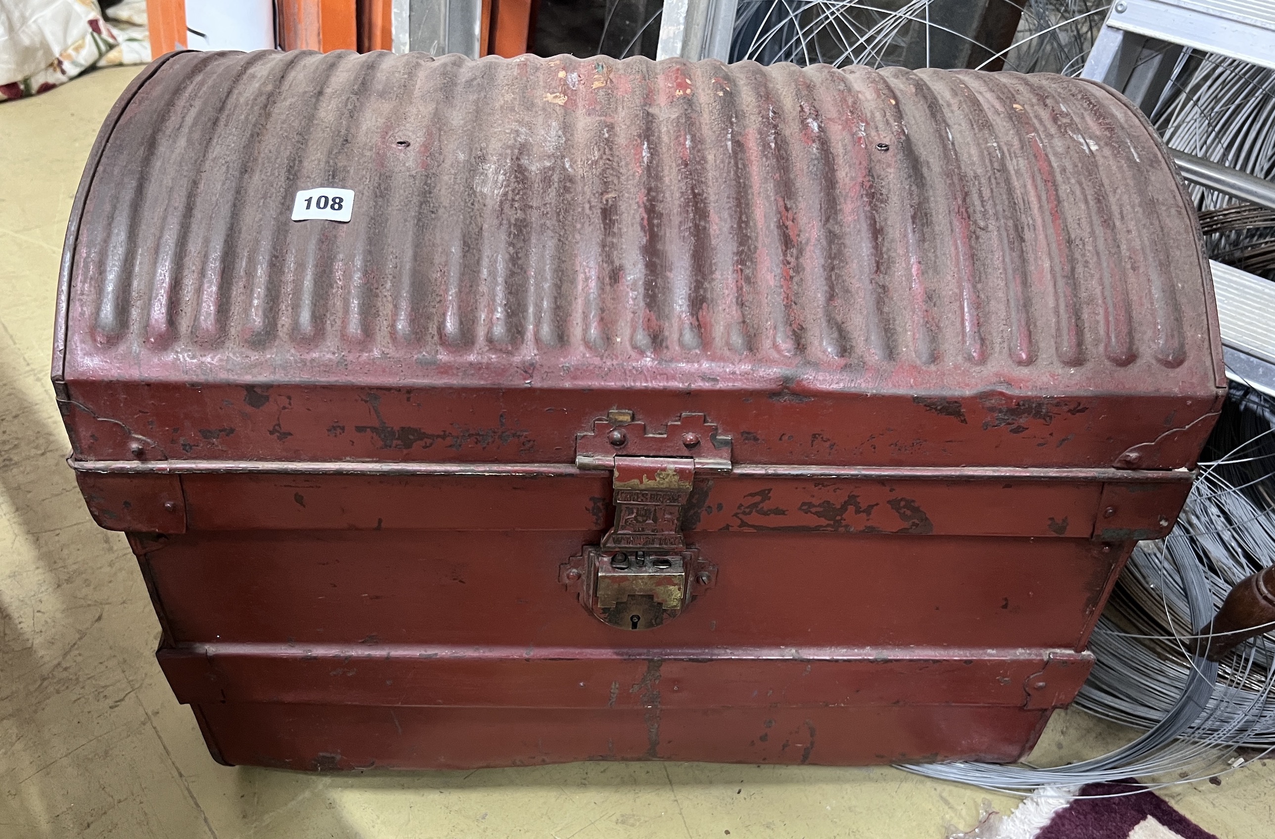 A vintage painted domed top tin trunk, width 61cm, depth 42cm, height 44cm